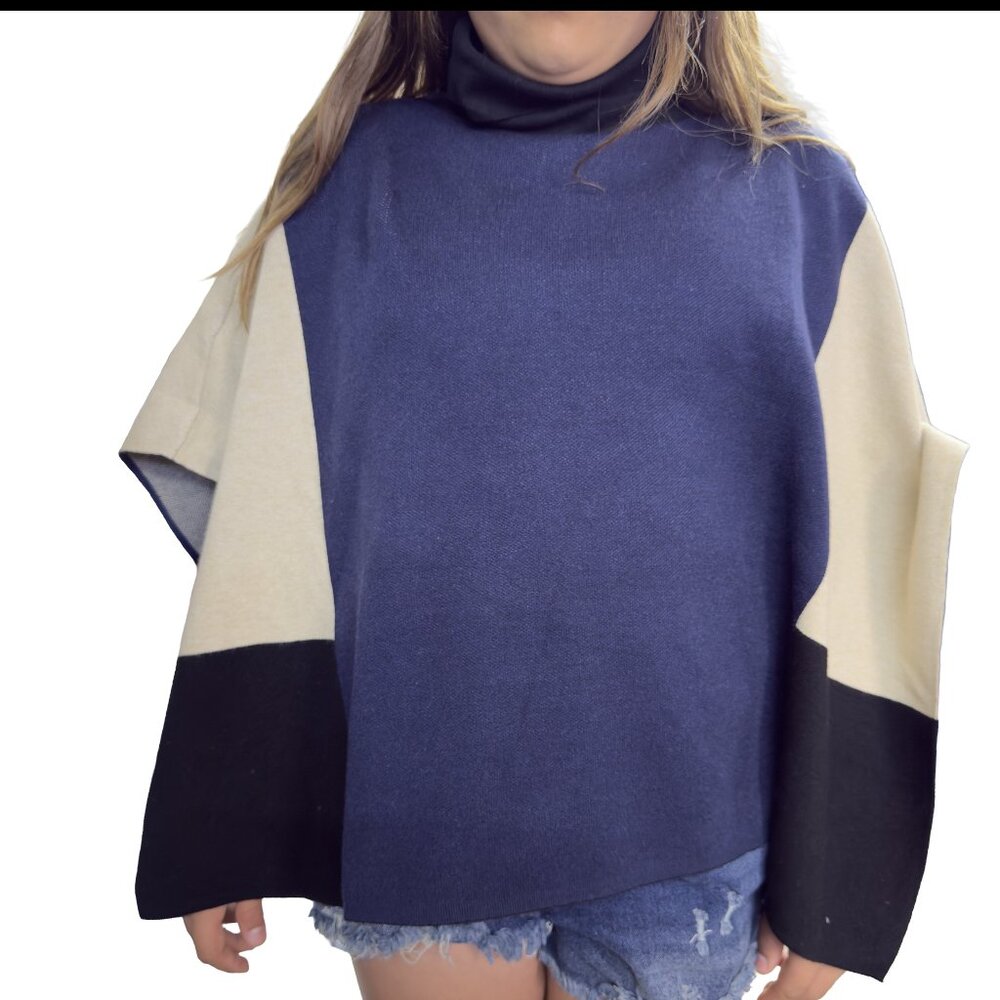 THML Colorblock Turtleneck Poncho Navy Cream Black Knit NWT Size Small